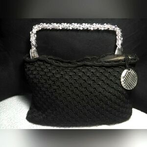 1950s VINTAGE Chic Black Handbag W/ LUCITE TWISTED Handle. CROCHET W/ ZIP UNIQUE